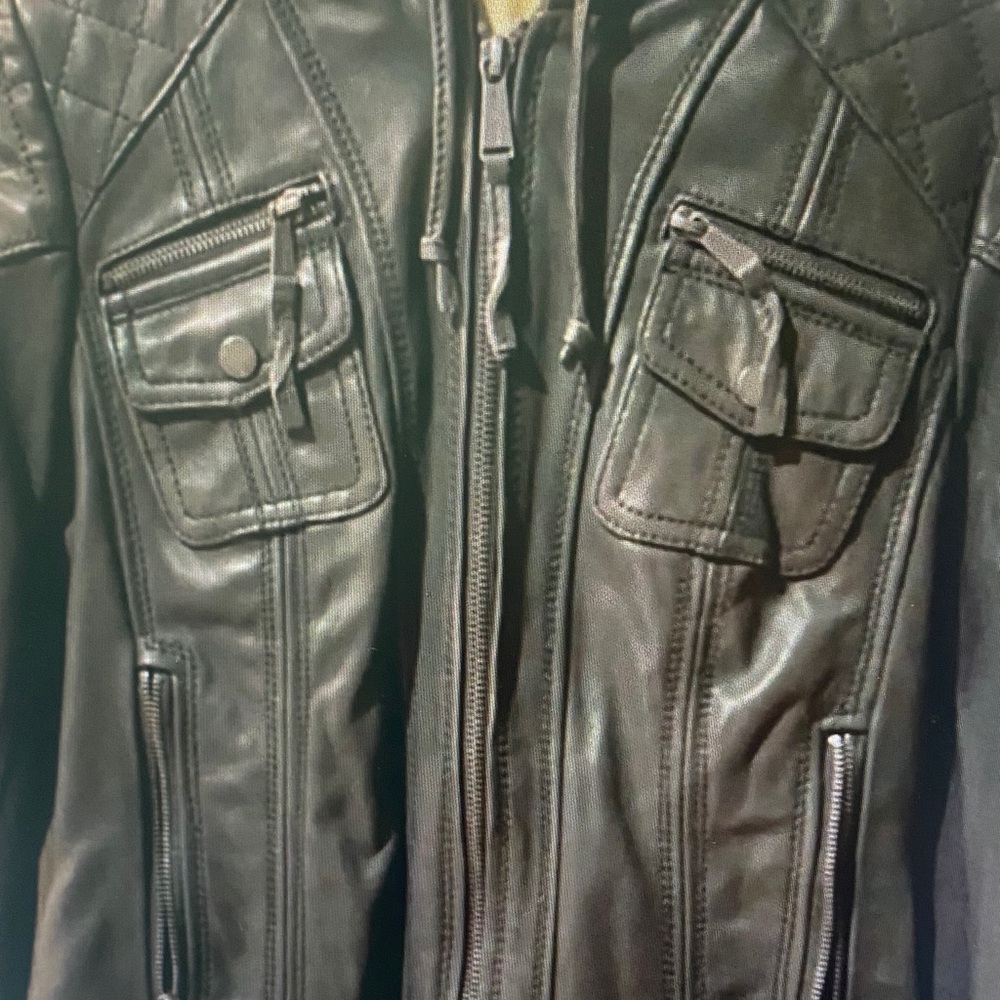 Michael Kors Navy Hooded Leather Jacket with Quilted Shoulders - Picture 6 of 7